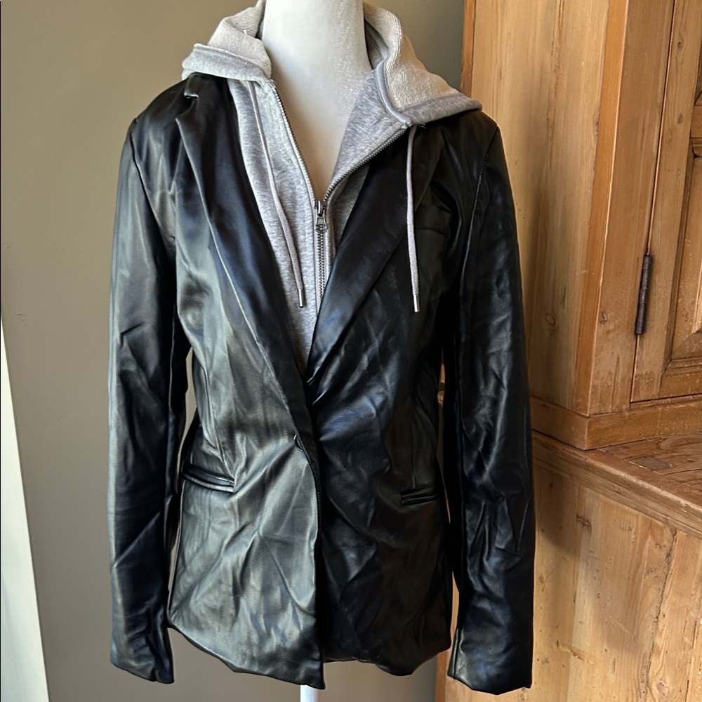 Rachel Zoe Black Faux Leather Blazer with Partial Grey Hoodie Zip Out Layer